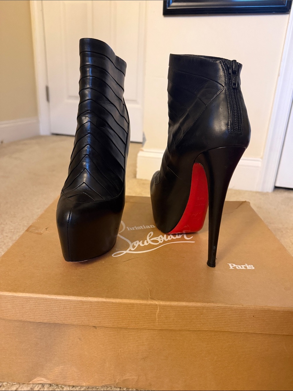 Christian Louboutin Black Leather Chevron Platform Ankle Boots with Red Soles